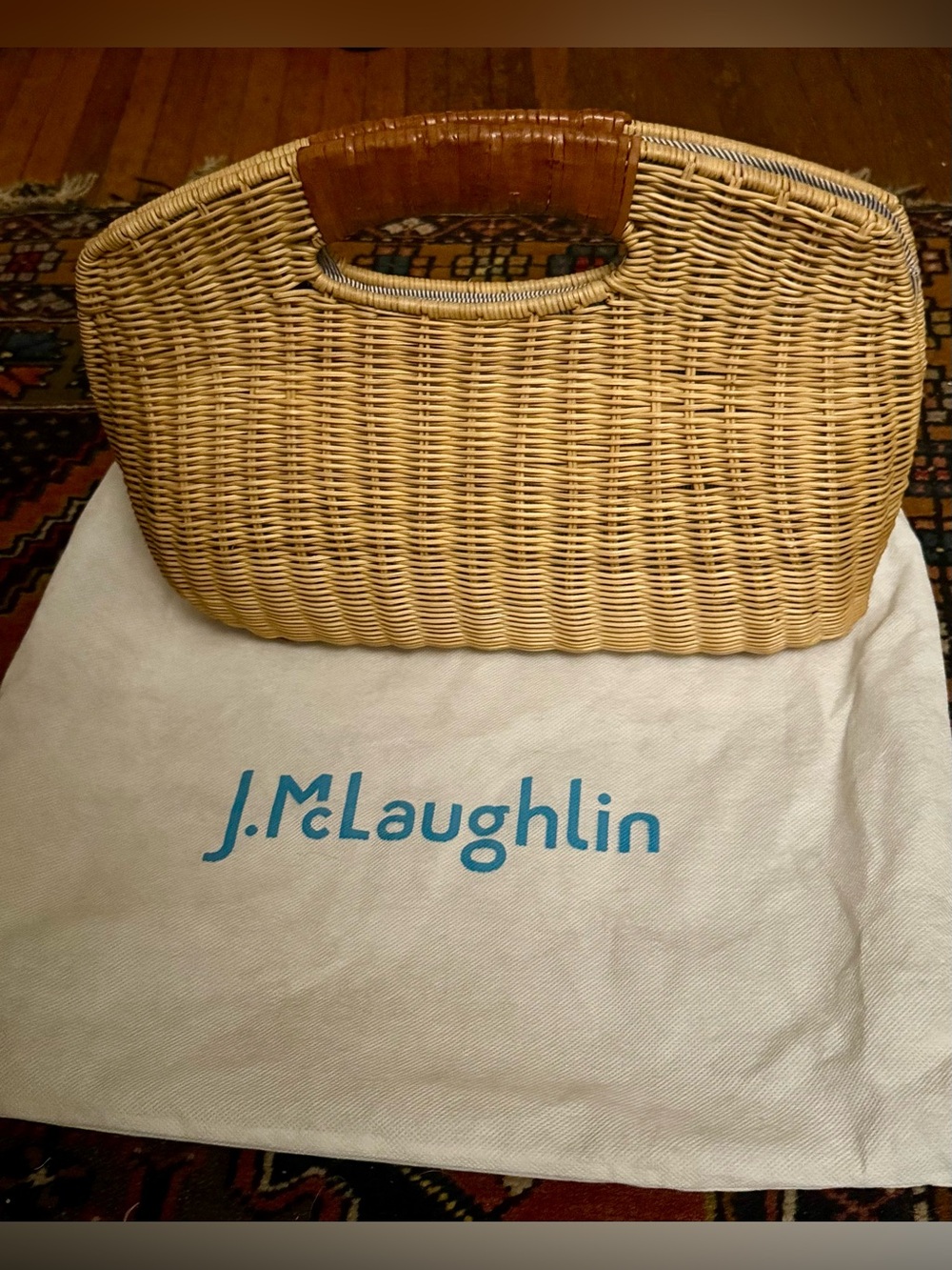 J. McLaughlin Natural Straw Tote with Brown Leather-Wrapped Handle